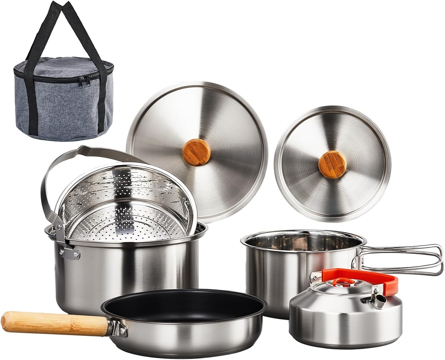 Camping Cooking Set With Kettle - 6pcs Cookware Set, 304 Stainless Steel