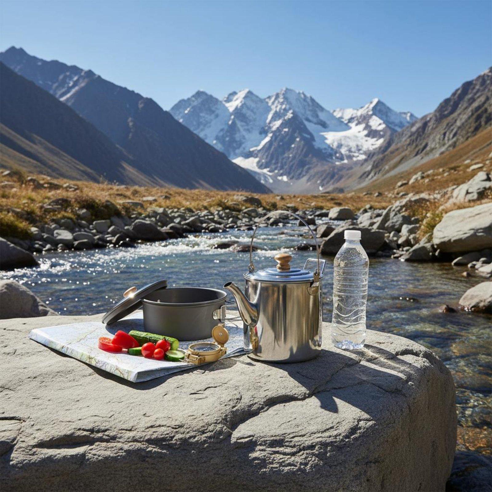 Portable Stainless Steel Outdo - Camping Cooking Set With Kettle 评论和价格